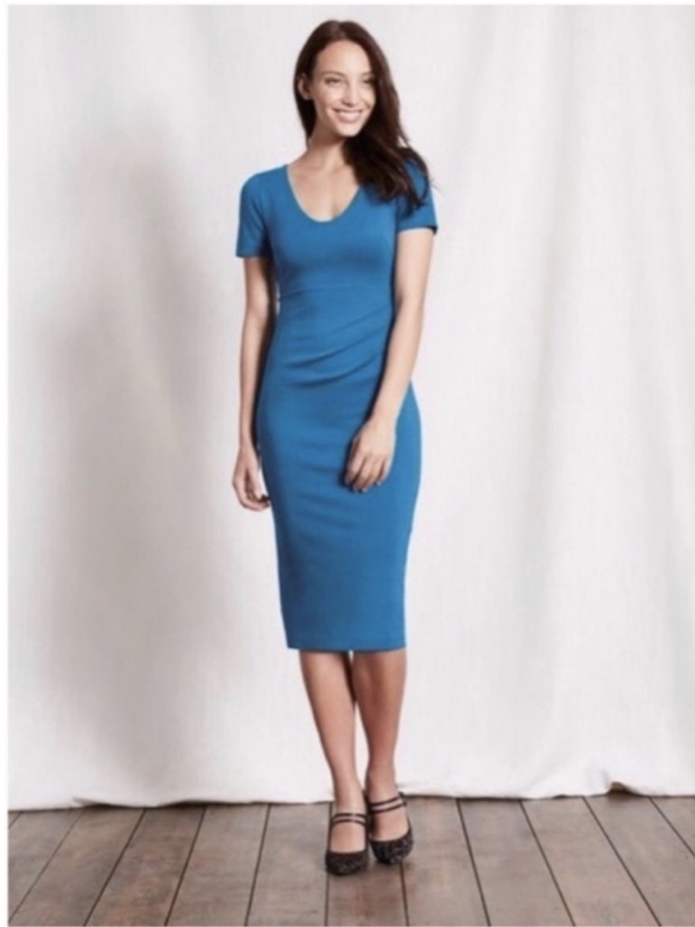 Boden Honor Ponte Cobalt Blue Short Sleeve Ruched Sheath Dress Size 16